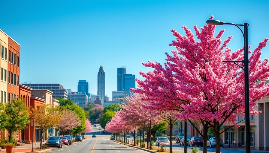 Vibrant view of Raleigh downtown with blossoms and skyline, ideal for new home listings in Raleigh.