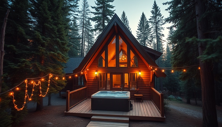 Charming A-frame cabin in the woods, featuring a deck and hot tub.
