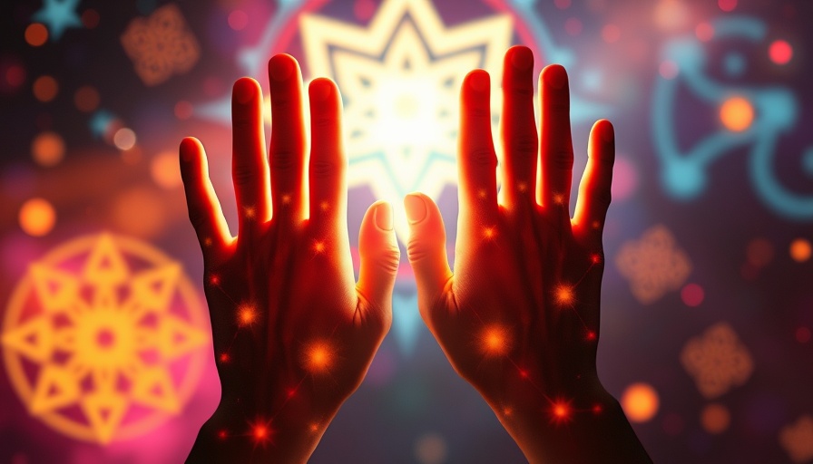 Reiki for pets concept with mystical glowing hands and energy rays
