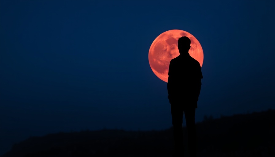 Person silhouetted against a blood moon during eclipse viewing.