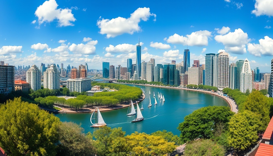 Cityscape with modern buildings and sailboats in a college town setting