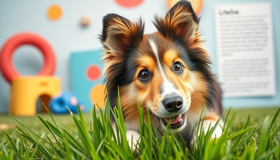 Sheltie dog eating grass with text: Is letting your dog eat grass a good idea?