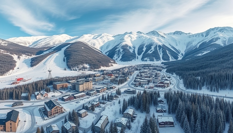 Snowy mountain town aerial view, USA real estate winter scene