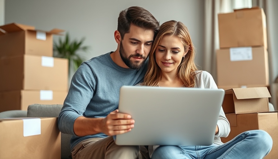 Young couple reviewing house offer, highlighting red flags, in a living room with moving boxes.