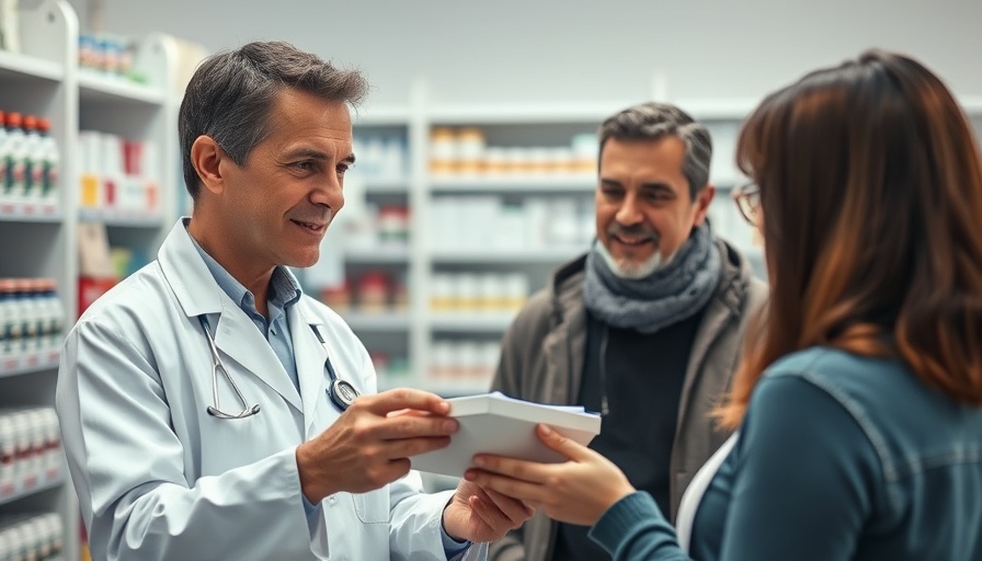 Pharmacist helping customer with affordable prescriptions in pharmacy.