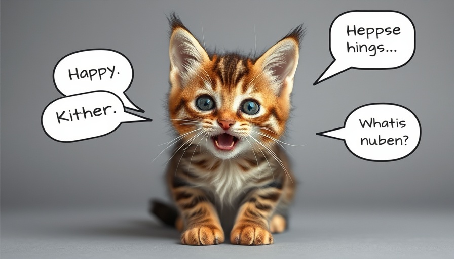 Tabby kitten with expressive speech bubbles exploring decode cat meows concept.