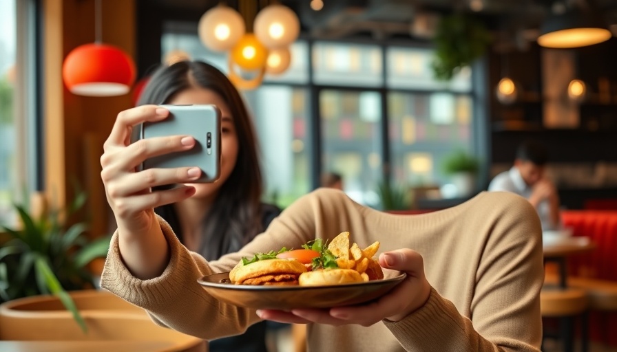 Smiling woman photographing meal at trendy restaurant, restaurant trends 2025.