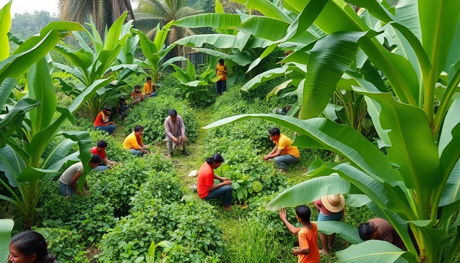 Ecological farming in green Auroville forest garden.