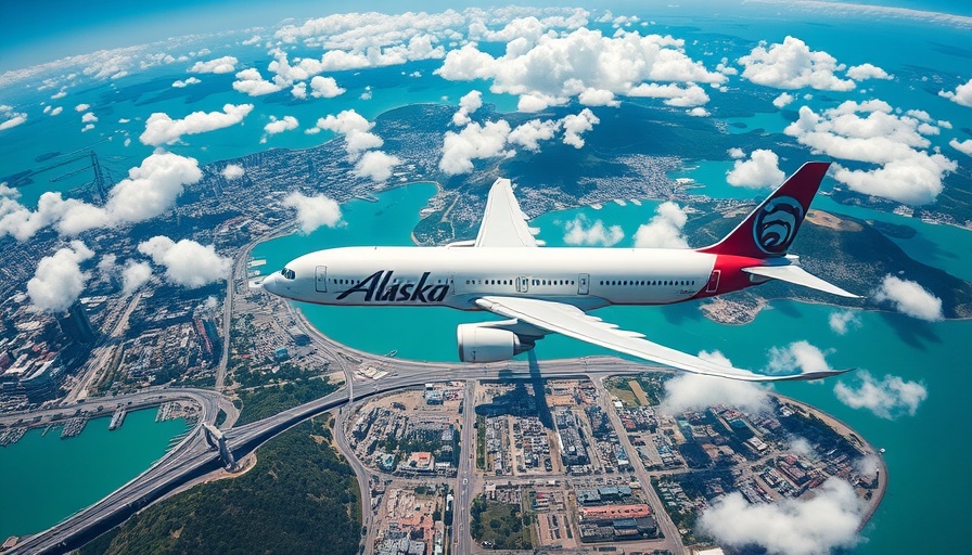 Alaska Airlines jet flying over city and bay, clear day.