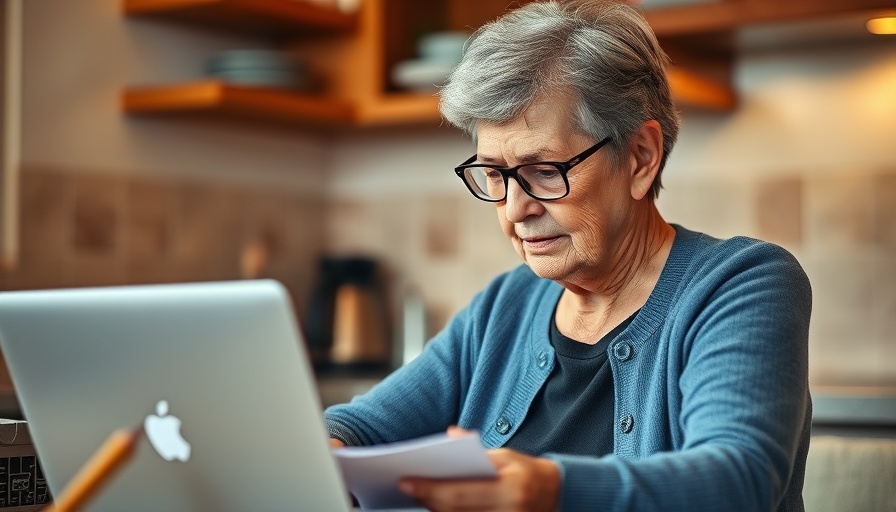 Elderly woman working on a pre-retirement checklist on a laptop at home.
