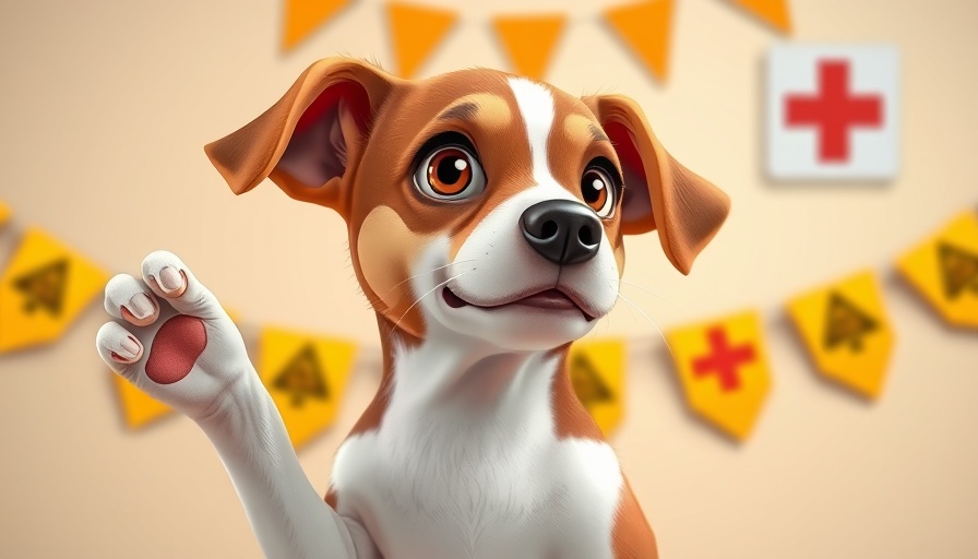 Attentive dog raising paw warning signs concept.