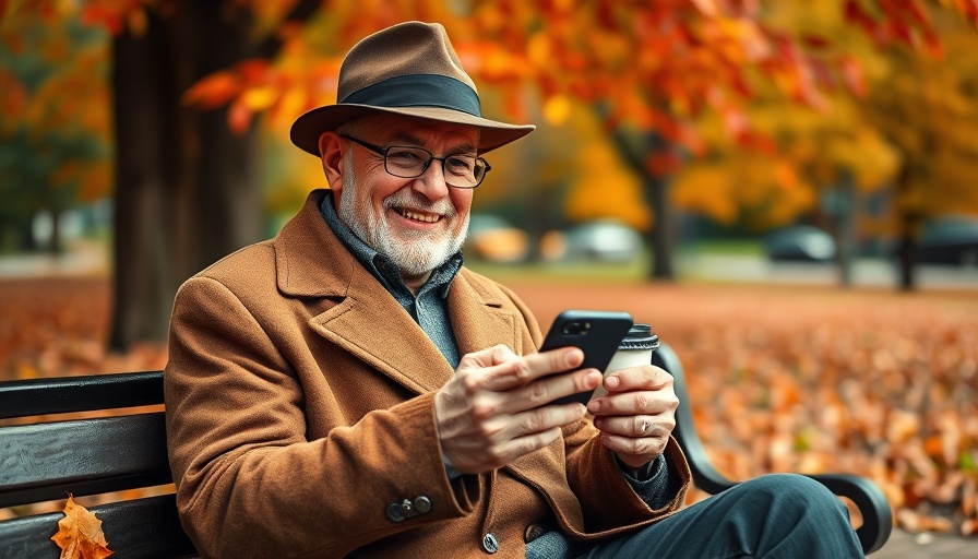 Elderly man enjoying coffee and smartphone in autumn park, money management trends.