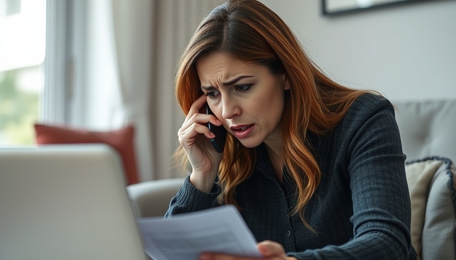Concerned woman on phone about home title fraud.