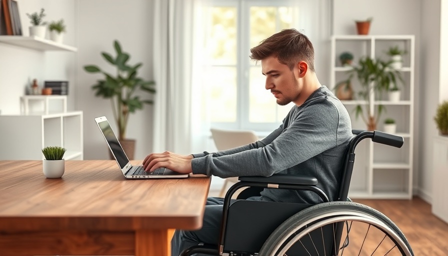 Young man in wheelchair using laptop in home office.