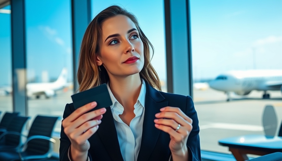 Professional woman at airport with credit card for business expenses.