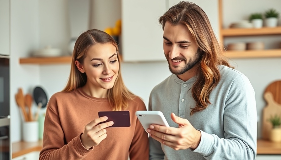 Young couple using smartphone and card in kitchen, Amex Platinum benefits tracking.