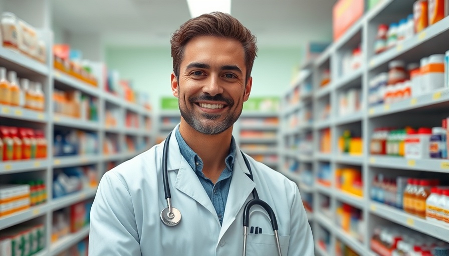 Pharmacist standing in a pharmacy with shelves of essentials.