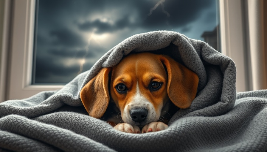Beagle hiding under blanket during thunderstorm, anxious expression.