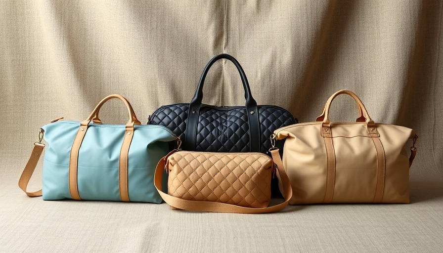 Trendy weekender bags 2025 collection on fabric background.