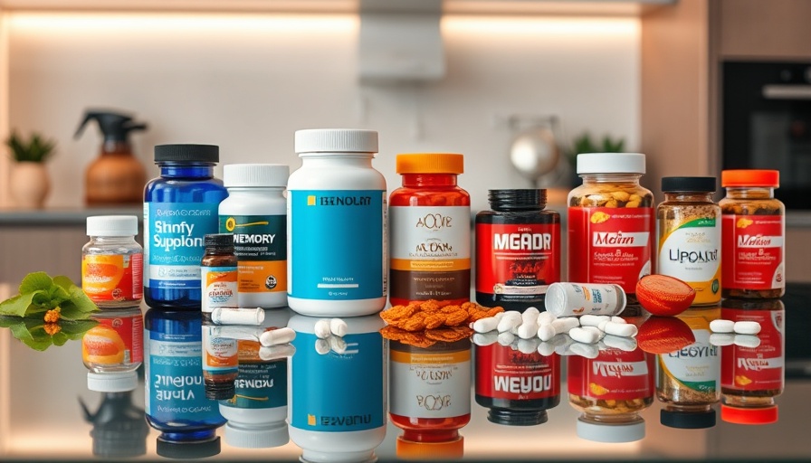 Colorful bottles of memory improvement supplements on glass table.