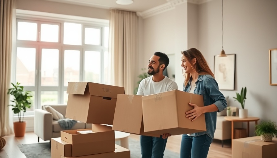 Young couple unpacking in new home, USA real estate theme.