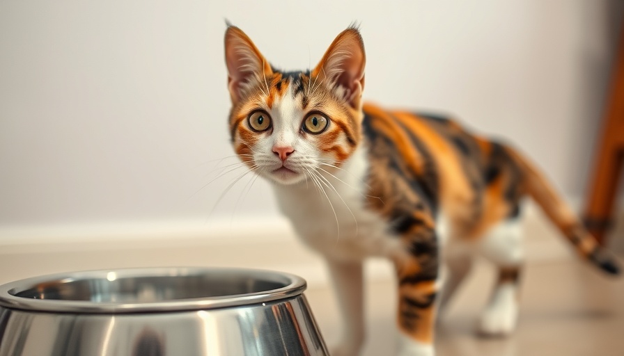 Curious calico cat beside food bowl, highlighting EPI in Cats.