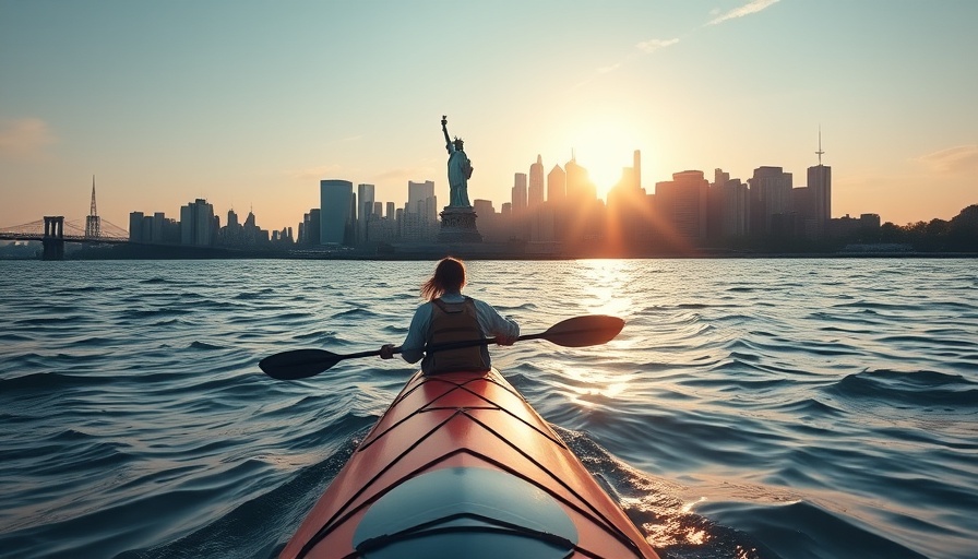 Person kayaking towards Statue of Liberty with city skyline, highlighting credit cards first-year value.
