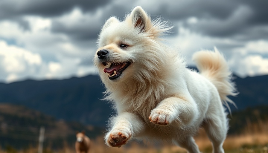 Energetic fluffy dog shaking with scenic backdrop, reasons dogs shake.