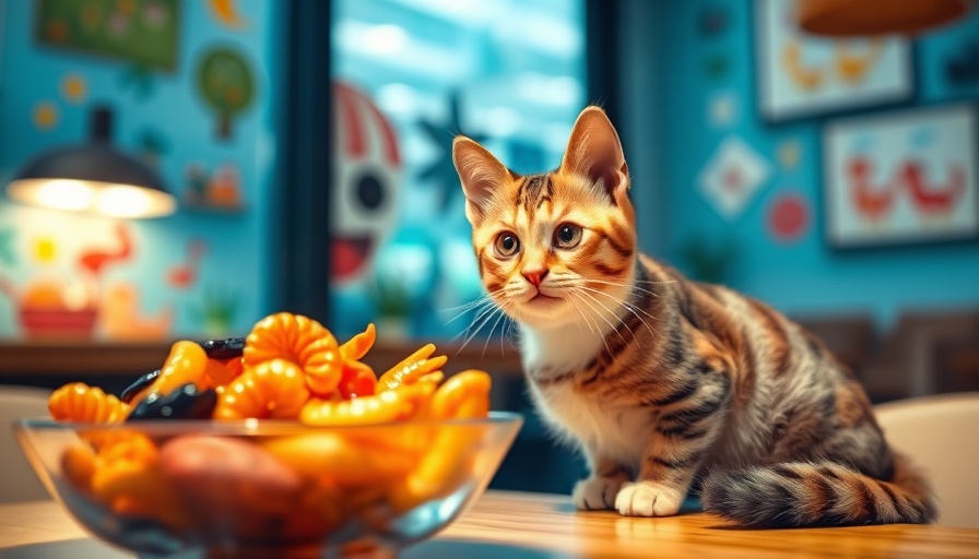 Cat with seafood bowl in a pet health warning poster.