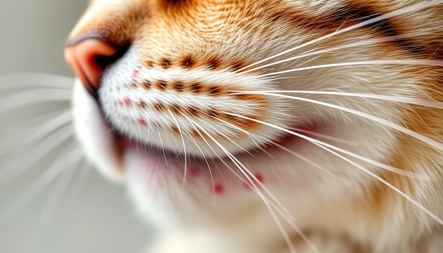 Close-up of cat's chin showing feline acne with educational overlay.