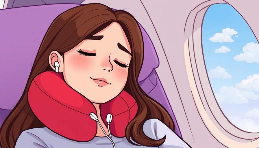 Woman sleeping on flight with neck pillow, wearing earbuds.