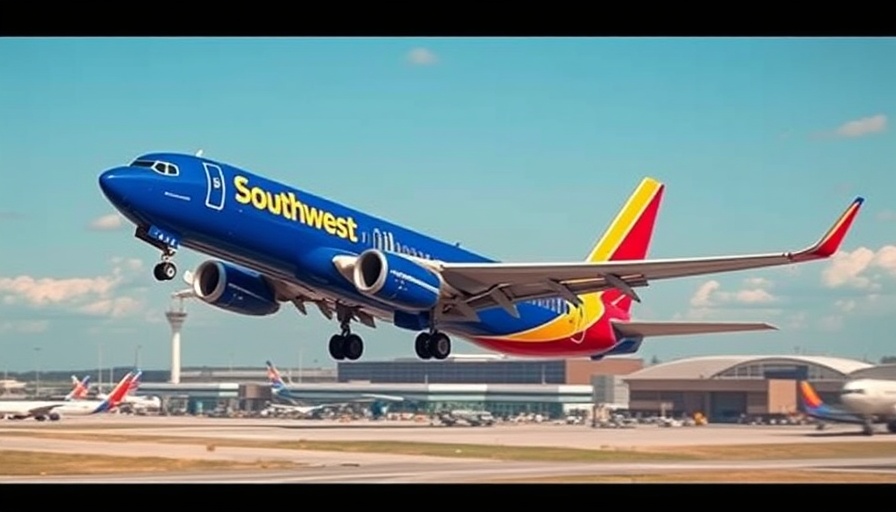Southwest Airlines jet taking off at vibrant airport, sunny day.