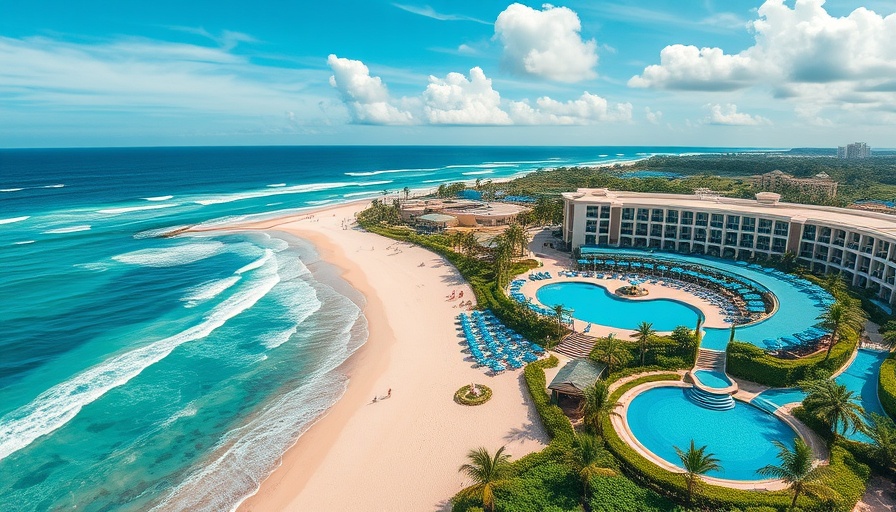 Best Hotels in Cancún beachfront view with pools and ocean.