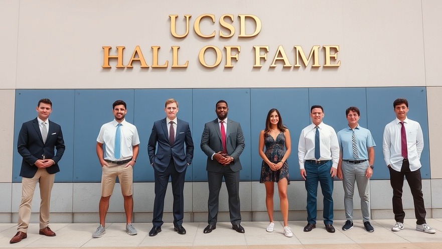 UCSD Hall of Fame; a group of 6 diverse college athletes showcasing athletic excellence and community pride.