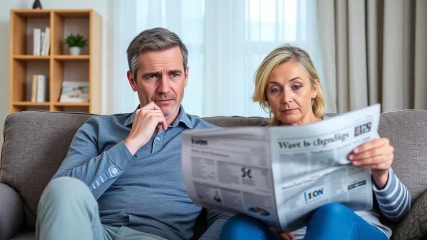 Couple worried about real estate market fears while reading newspaper indoors.