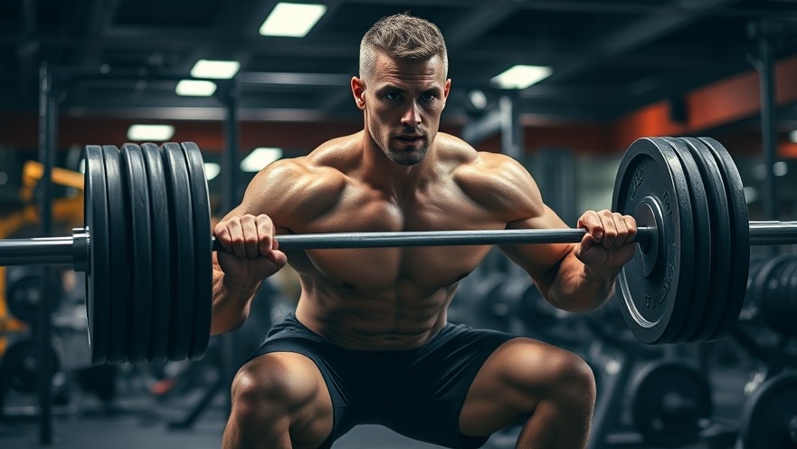 Muscular man performing barbell squat for strength training in a dynamic gym setting.
