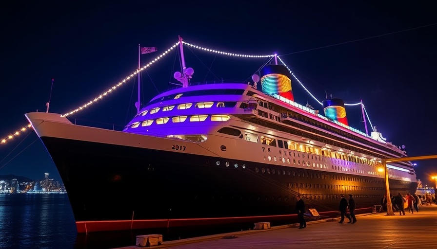 Queen Mary Dark Harbor glowing at night with vibrant lights.