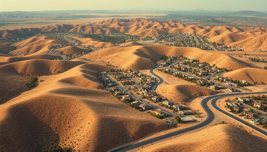 Aerial view of California landscape showcasing housing and dry hills, highlighting California housing policies.