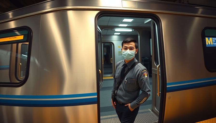 Metrolink train at Union Station with a masked man in the doorway.