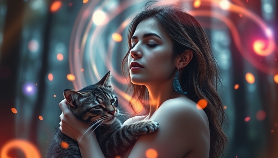 Grief portrayed in mystical forest with woman and cat, magical connection.