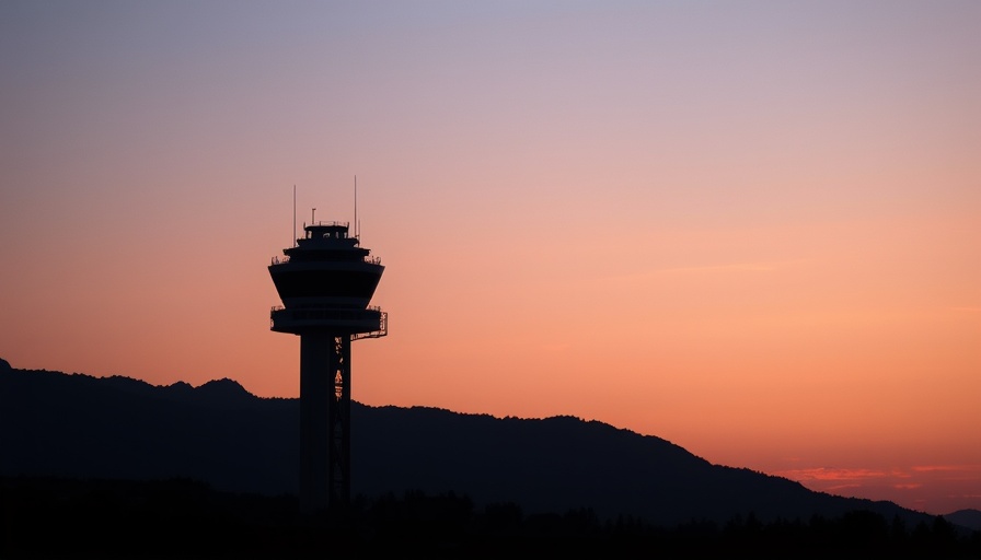 Air traffic control tower at twilight amidst staffing shortages.