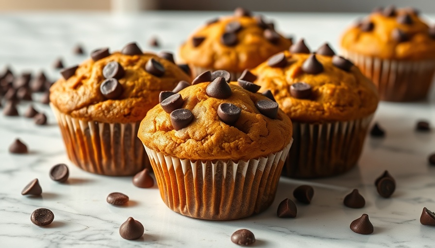 Delicious pumpkin protein muffins with chocolate chips on marble surface.