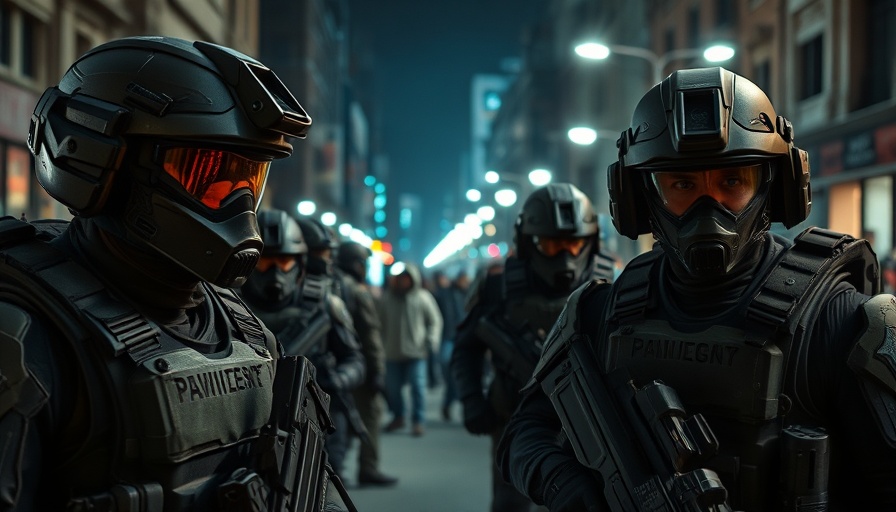 Troops in tactical gear deployed in urban area at night.