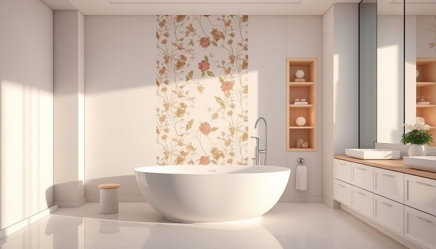 Elegant bathroom renovation with floral wall and white bathtub.