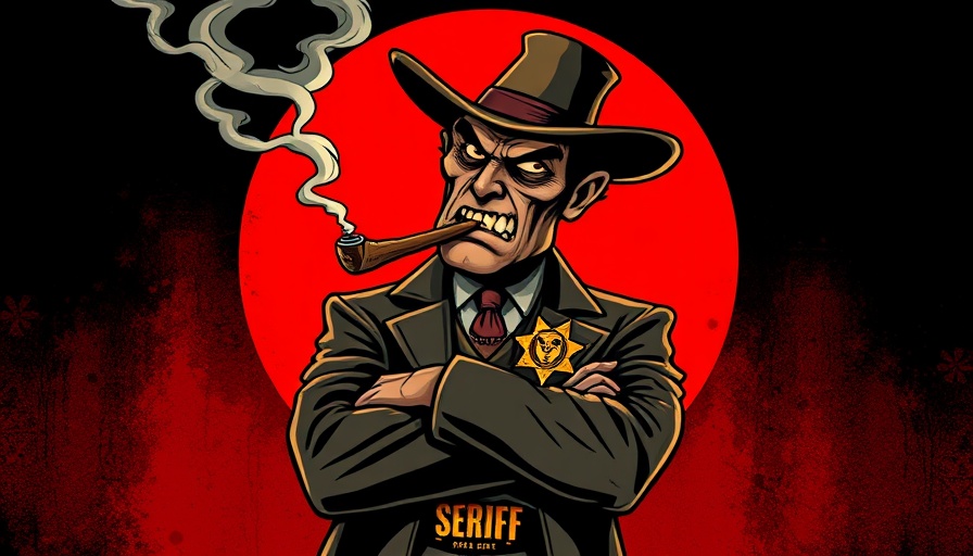 Raisin Hell Ranch Haunted Attraction sinister sheriff cartoon artwork.