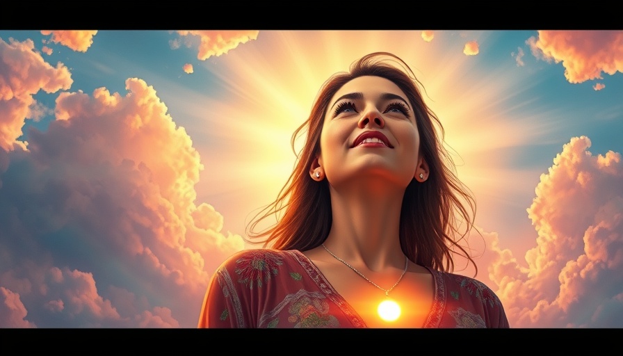 Illustrated woman finding strength, glowing light, colorful sky background.