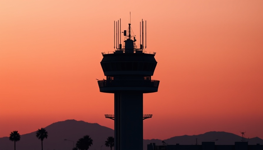 Airport control tower at dusk, potential flight delays.