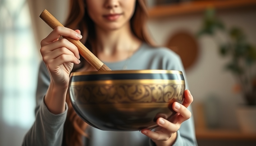 Serene woman practicing singing bowl therapy indoors.