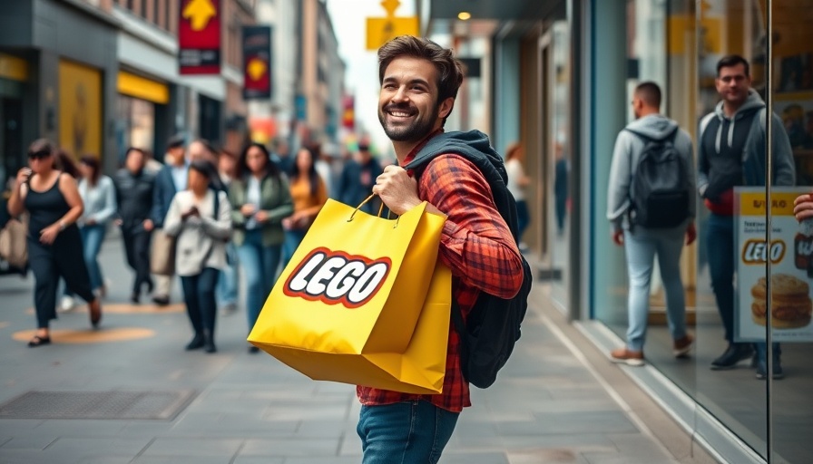 Person with Lego bag outside store; reduces MRI anxiety.