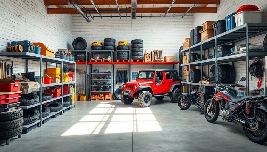 77" W Storage Shelves in garage with tools and vehicles.